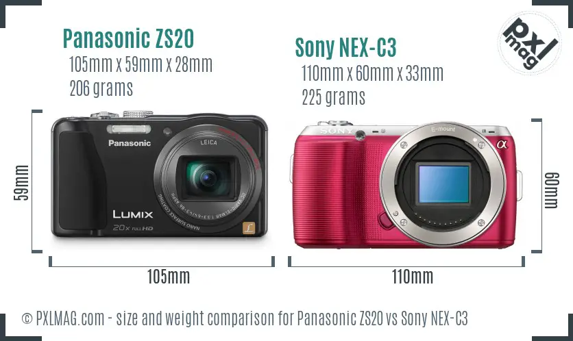 Panasonic ZS20 vs Sony NEX-C3 size comparison