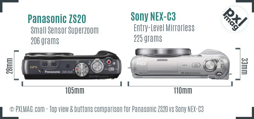 Panasonic ZS20 vs Sony NEX-C3 top view buttons comparison