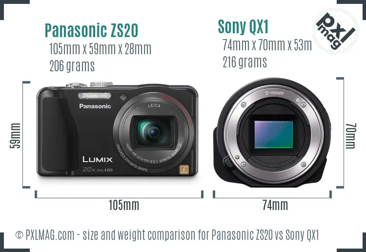 Panasonic ZS20 vs Sony QX1 size comparison Panasonic ZS20 vs Sony QX1 size comparison