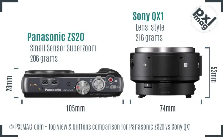 Panasonic ZS20 vs Sony QX1 top view buttons comparison Panasonic ZS20 vs Sony QX1 top view buttons comparison
