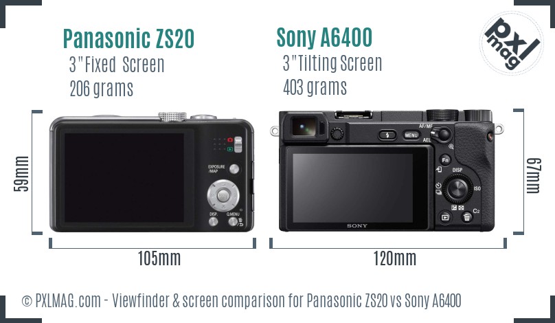 Panasonic ZS20 vs Sony A6400 Screen and Viewfinder comparison