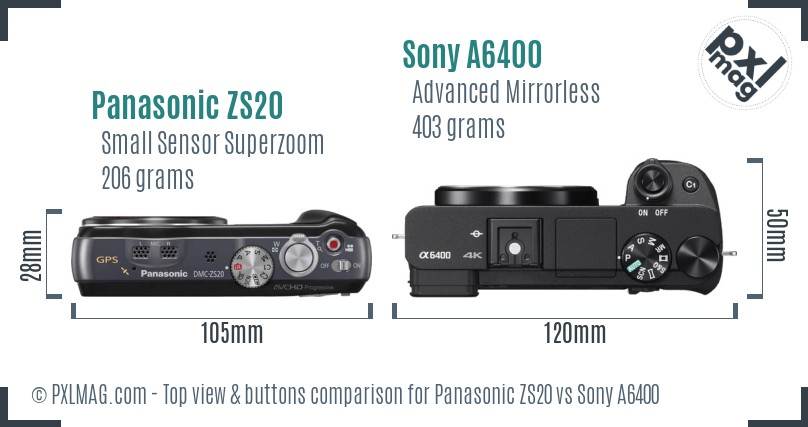 Panasonic ZS20 vs Sony A6400 top view buttons comparison