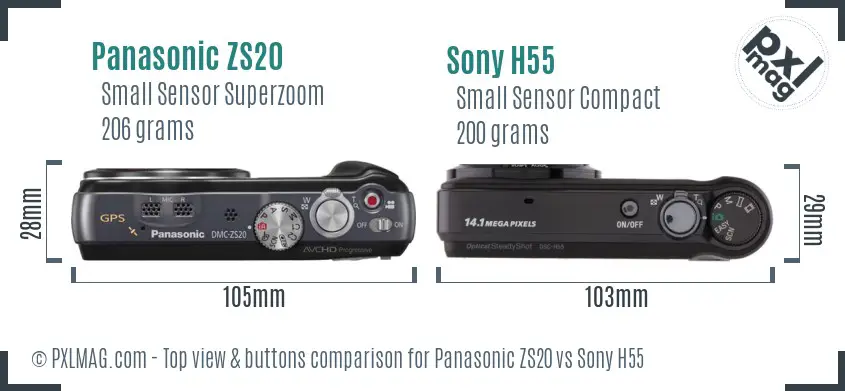 Panasonic ZS20 vs Sony H55 top view buttons comparison