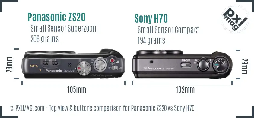 Panasonic ZS20 vs Sony H70 top view buttons comparison Panasonic ZS20 vs Sony H70 top view buttons comparison