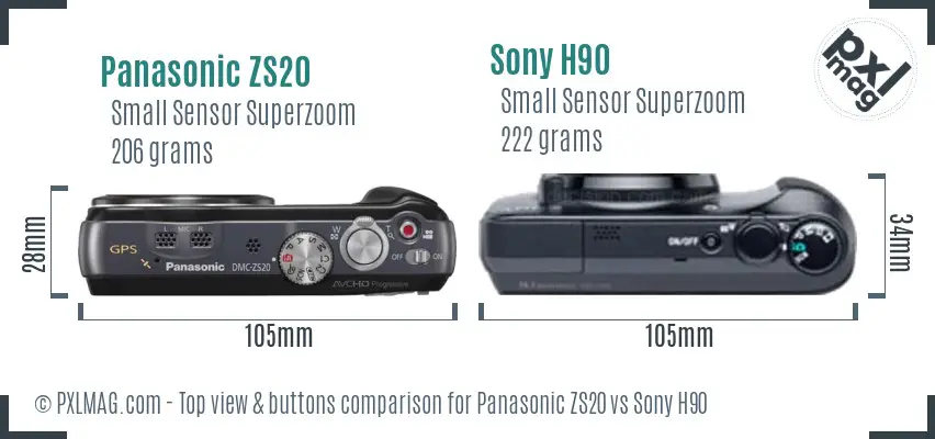 Panasonic ZS20 vs Sony H90 top view buttons comparison