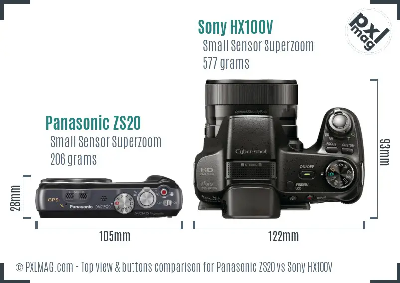 Panasonic ZS20 vs Sony HX100V top view buttons comparison
