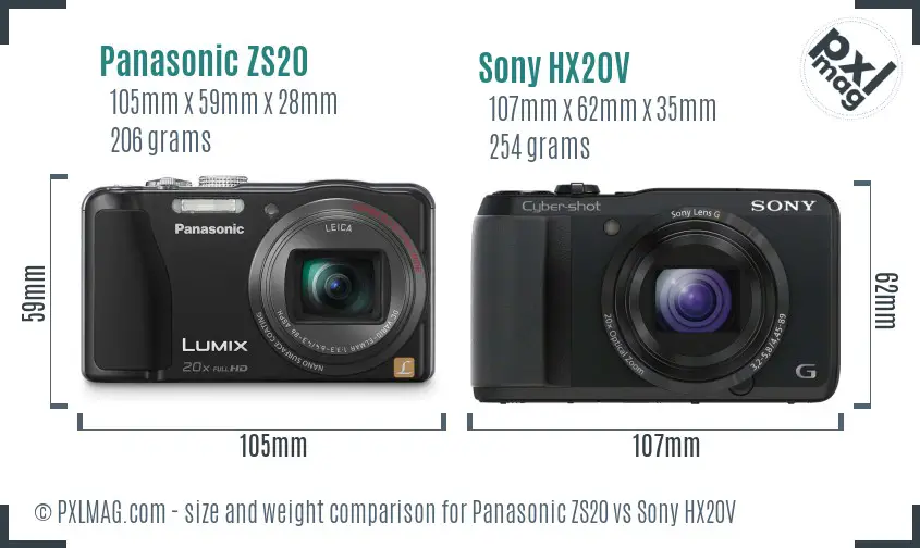 Panasonic ZS20 vs Sony HX20V size comparison