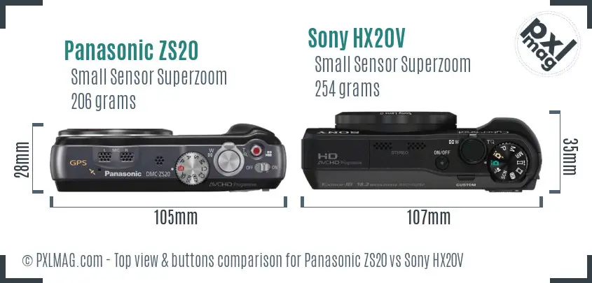 Panasonic ZS20 vs Sony HX20V top view buttons comparison