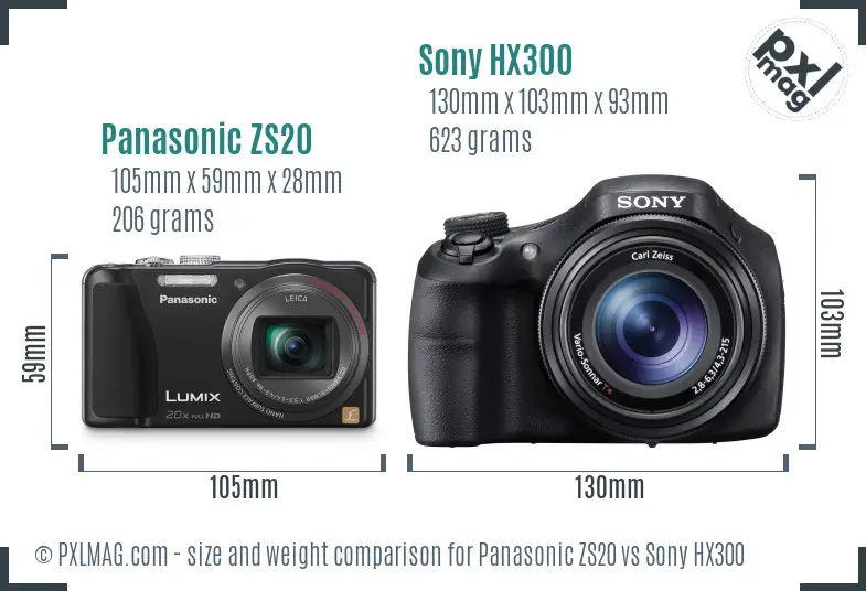 Panasonic ZS20 vs Sony HX300 size comparison