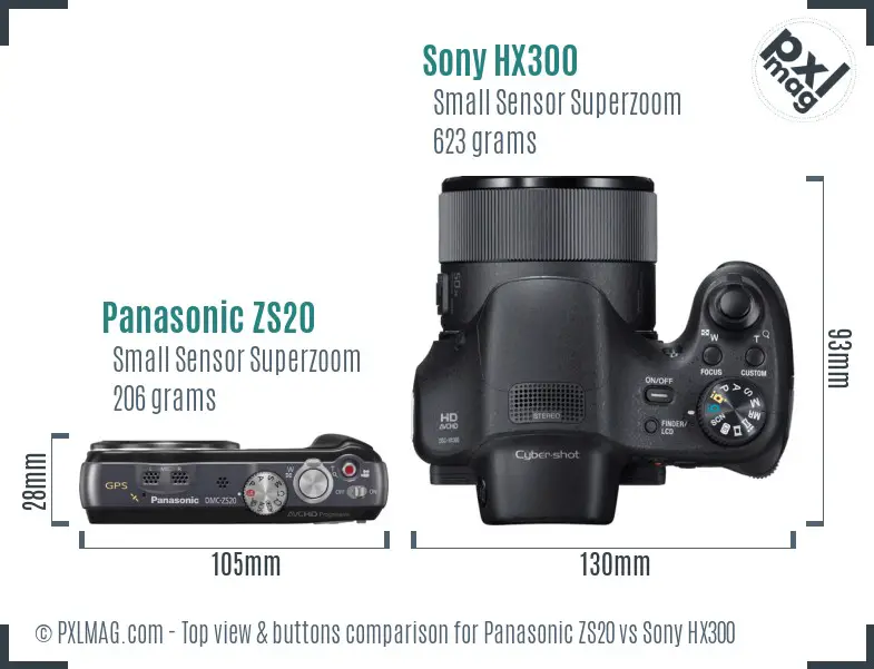 Panasonic ZS20 vs Sony HX300 top view buttons comparison