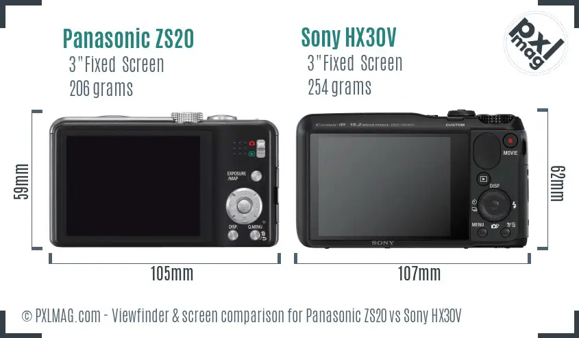 Panasonic ZS20 vs Sony HX30V Screen and Viewfinder comparison