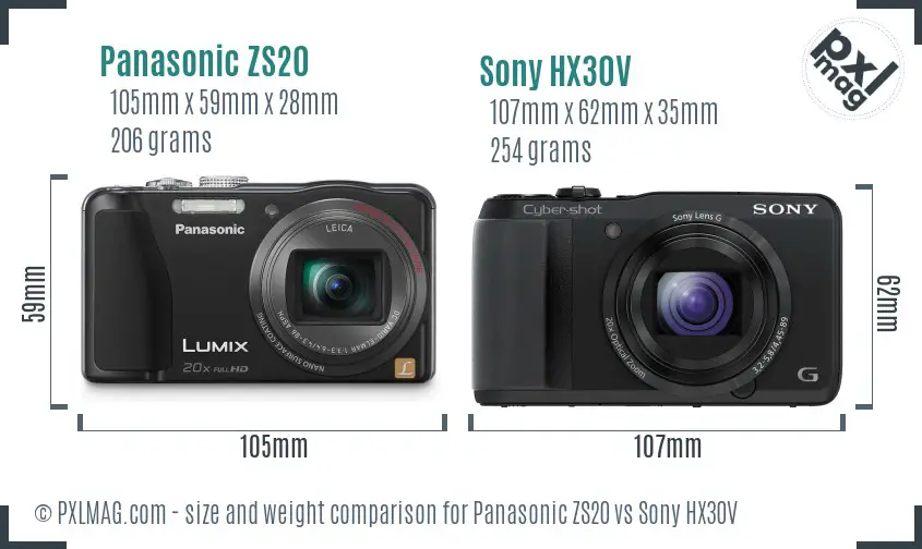 Panasonic ZS20 vs Sony HX30V size comparison