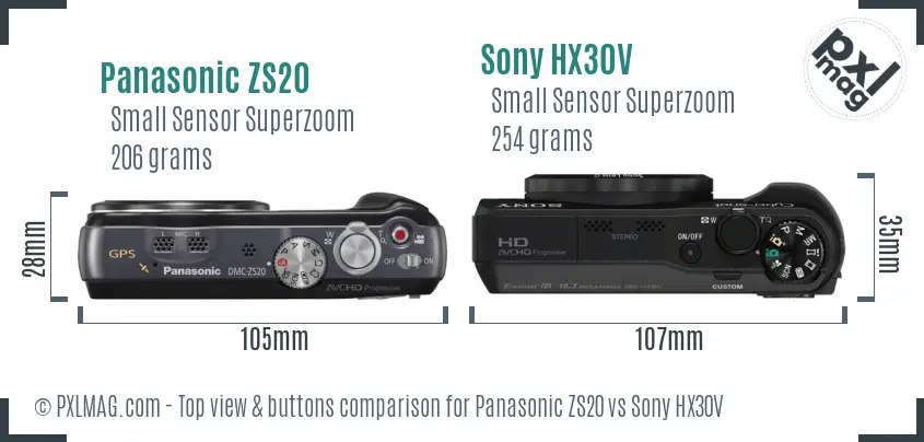 Panasonic ZS20 vs Sony HX30V top view buttons comparison