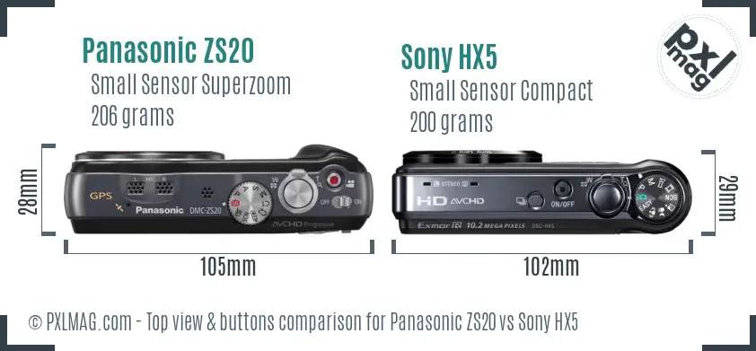 Panasonic ZS20 vs Sony HX5 top view buttons comparison Panasonic ZS20 vs Sony HX5 top view buttons comparison
