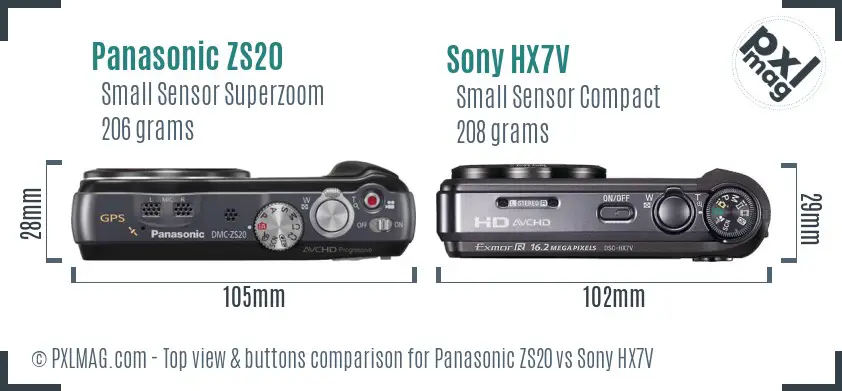 Panasonic ZS20 vs Sony HX7V top view buttons comparison Panasonic ZS20 vs Sony HX7V top view buttons comparison