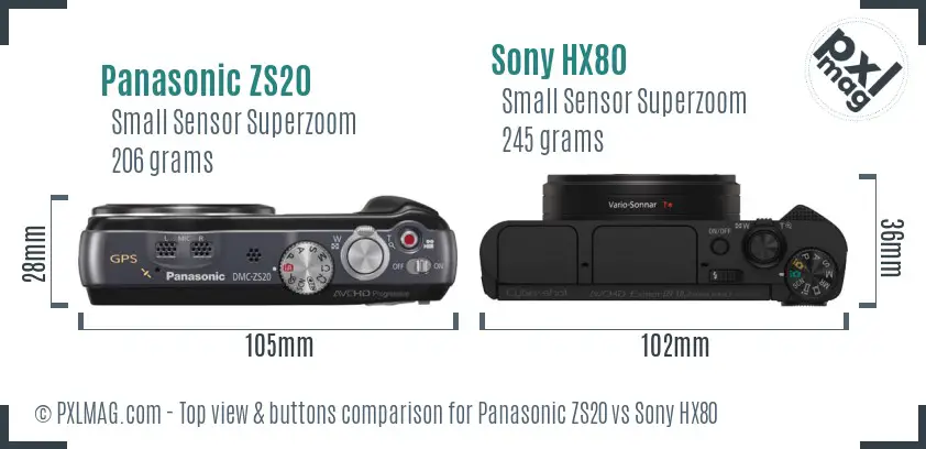 Panasonic ZS20 vs Sony HX80 top view buttons comparison