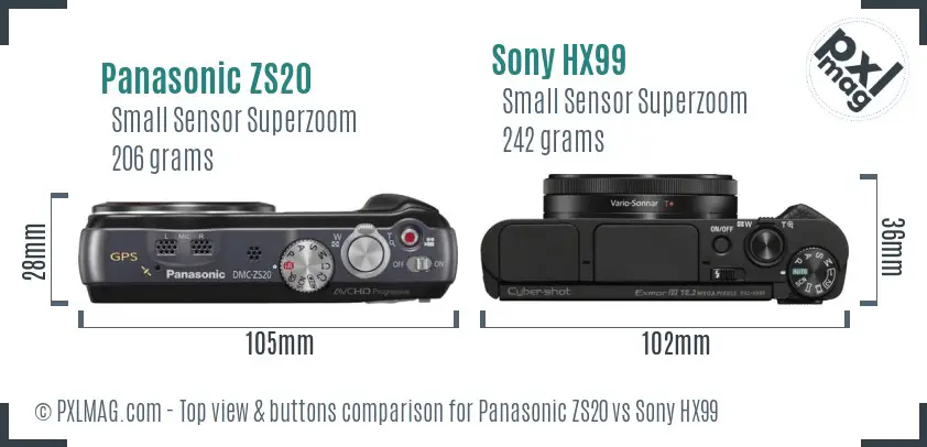 Panasonic ZS20 vs Sony HX99 top view buttons comparison