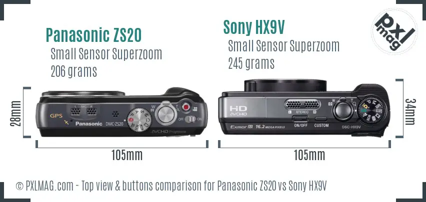 Panasonic ZS20 vs Sony HX9V top view buttons comparison