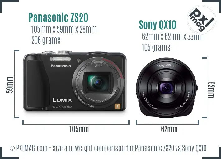 Panasonic ZS20 vs Sony QX10 size comparison