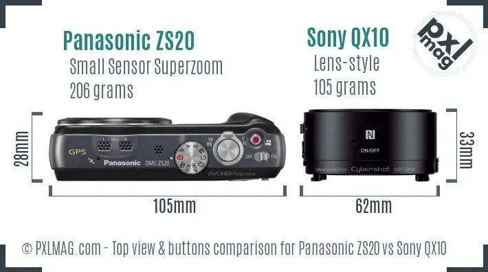Panasonic ZS20 vs Sony QX10 top view buttons comparison