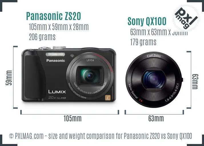 Panasonic ZS20 vs Sony QX100 size comparison
