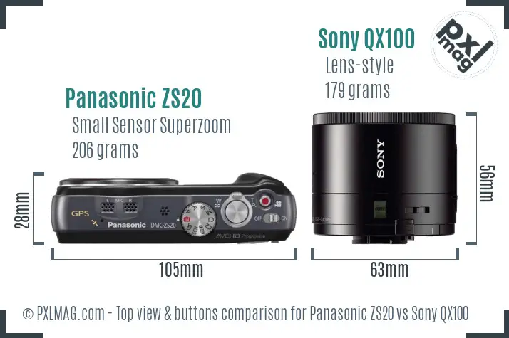 Panasonic ZS20 vs Sony QX100 top view buttons comparison