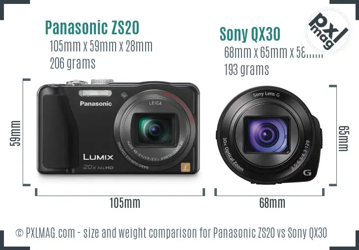Panasonic ZS20 vs Sony QX30 size comparison