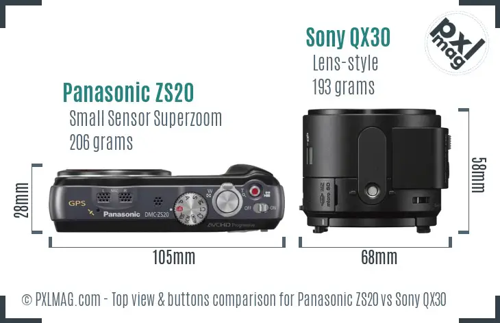 Panasonic ZS20 vs Sony QX30 top view buttons comparison