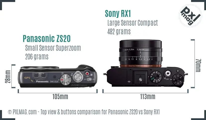 Panasonic ZS20 vs Sony RX1 top view buttons comparison