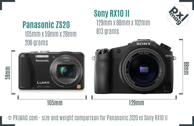 Panasonic ZS20 vs Sony RX10 II size comparison