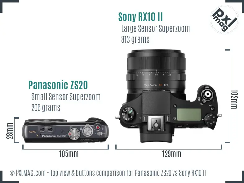 Panasonic ZS20 vs Sony RX10 II top view buttons comparison