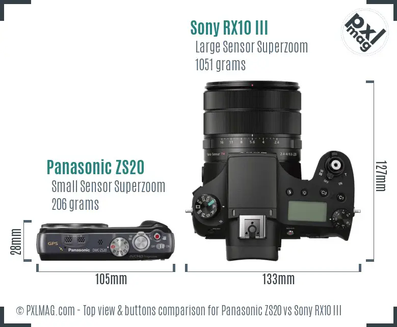 Panasonic ZS20 vs Sony RX10 III top view buttons comparison