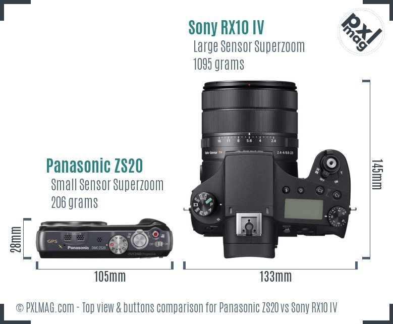 Panasonic ZS20 vs Sony RX10 IV top view buttons comparison