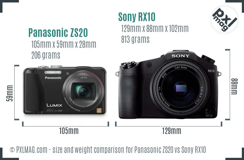 Panasonic ZS20 vs Sony RX10 size comparison