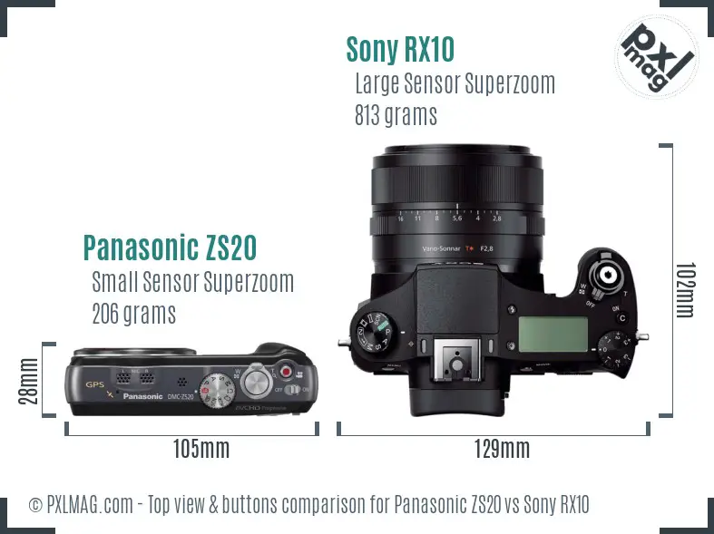 Panasonic ZS20 vs Sony RX10 top view buttons comparison