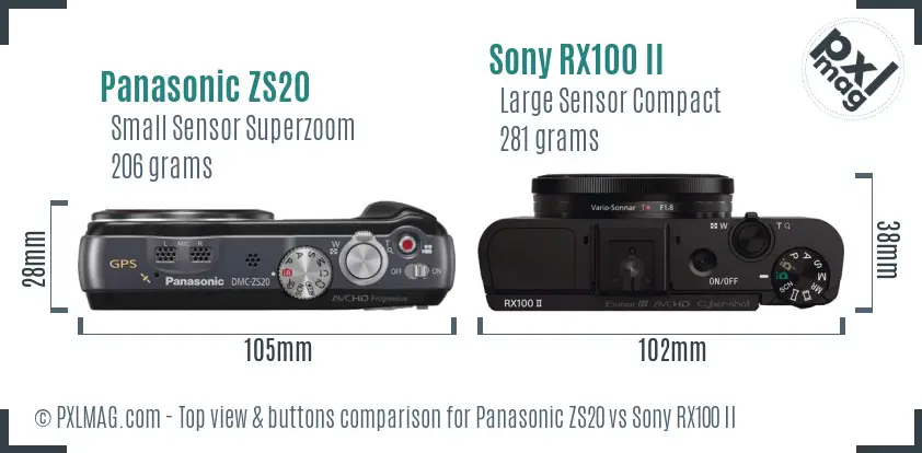 Panasonic ZS20 vs Sony RX100 II top view buttons comparison