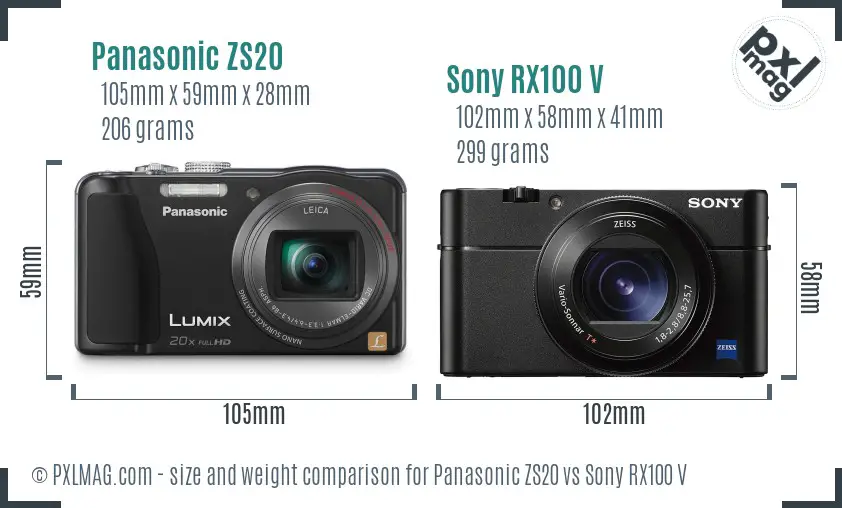 Panasonic ZS20 vs Sony RX100 V size comparison