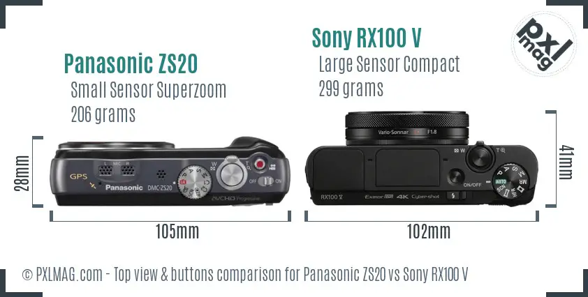 Panasonic ZS20 vs Sony RX100 V top view buttons comparison