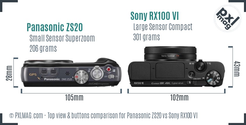 Panasonic ZS20 vs Sony RX100 VI top view buttons comparison