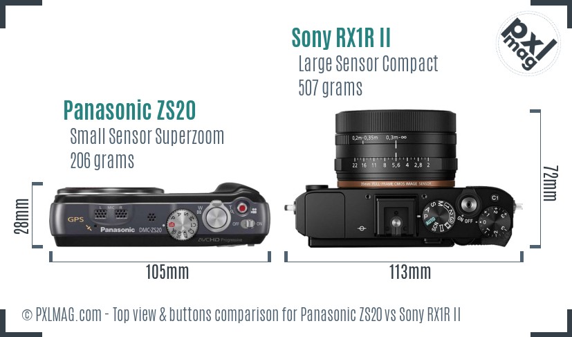 Panasonic ZS20 vs Sony RX1R II top view buttons comparison