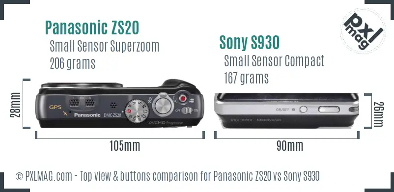 Panasonic ZS20 vs Sony S930 top view buttons comparison