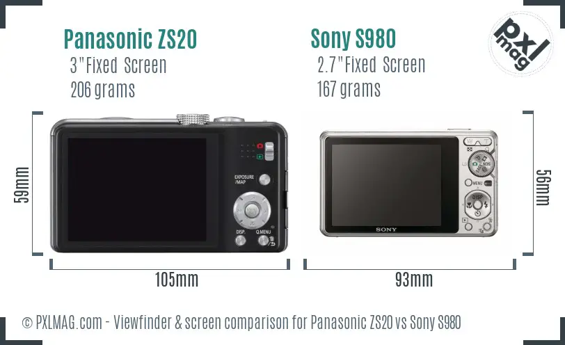 Panasonic ZS20 vs Sony S980 Screen and Viewfinder comparison