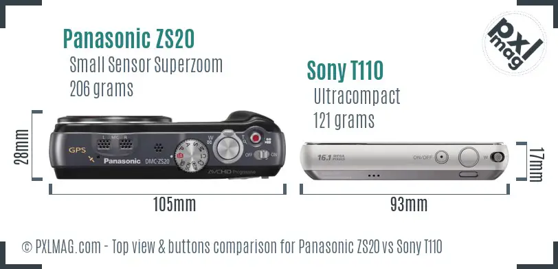 Panasonic ZS20 vs Sony T110 top view buttons comparison