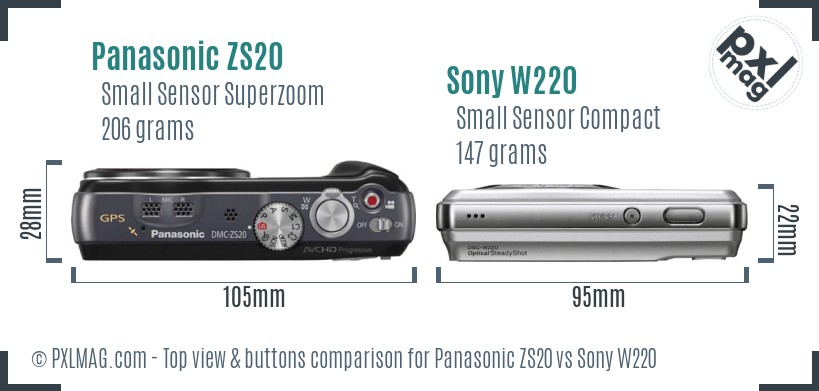Panasonic ZS20 vs Sony W220 top view buttons comparison