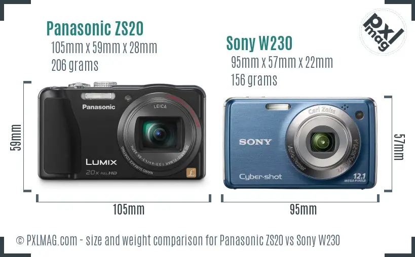 Panasonic ZS20 vs Sony W230 size comparison