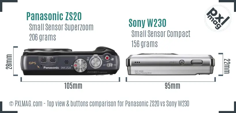 Panasonic ZS20 vs Sony W230 top view buttons comparison