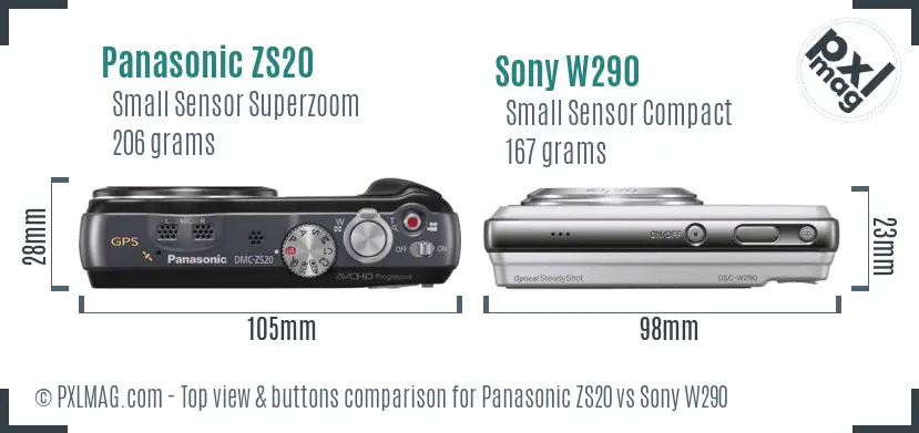 Panasonic ZS20 vs Sony W290 top view buttons comparison