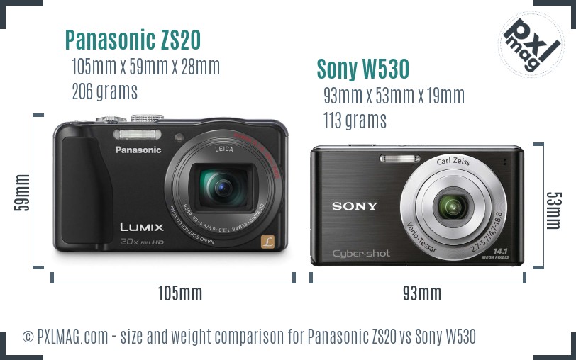 Panasonic ZS20 vs Sony W530 size comparison