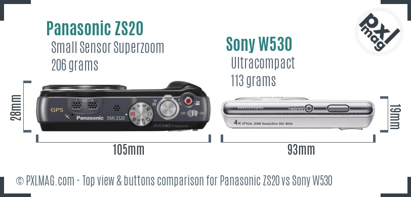 Panasonic ZS20 vs Sony W530 top view buttons comparison