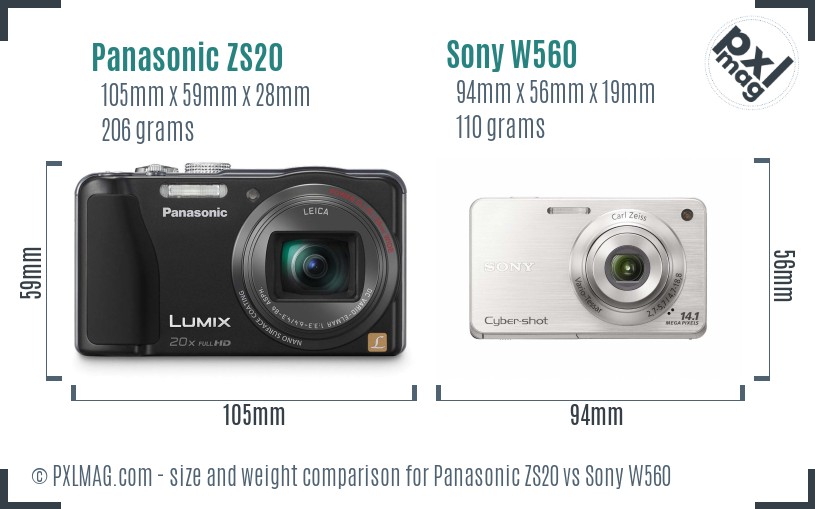 Panasonic ZS20 vs Sony W560 size comparison